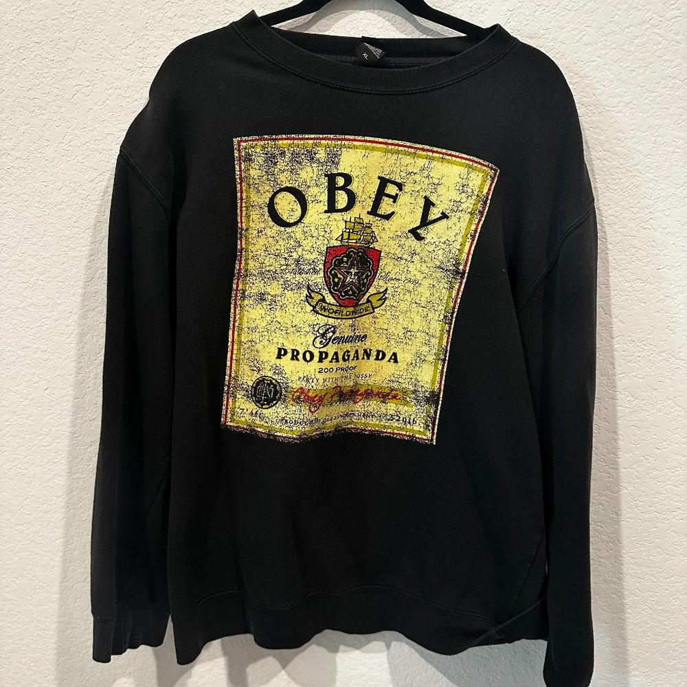 Obey Men's Black Long Sleeve Pullover Crew Neck Cardigan Sweatshirt, Size XL